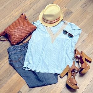 Blue Cap Sleeve Summer Top V-neck with Details